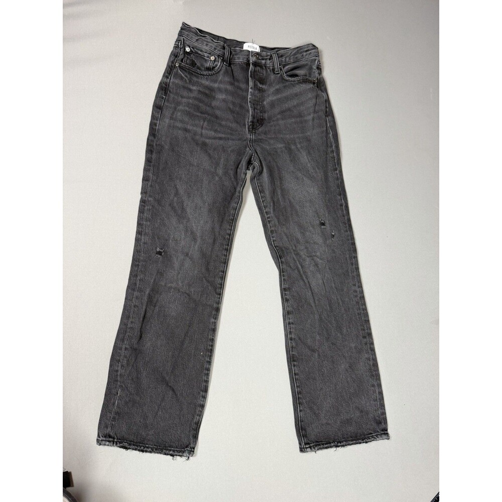 PISTOLA Women’s Gray Black Distressed Straight Leg Jeans Size 30 Raw Hem Y2K